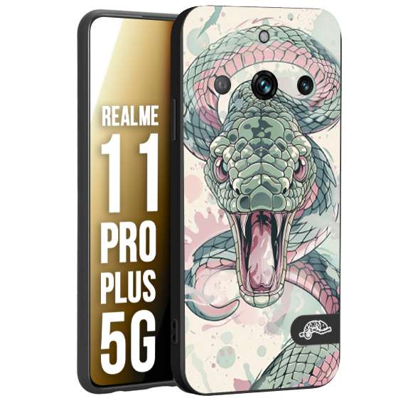 CUSTOMIZZA - Custodia cover nera morbida in tpu compatibile per Realme 11 PRO PLUS 5G snake pink green serpente tatuaggio tattoo disegnato a mano