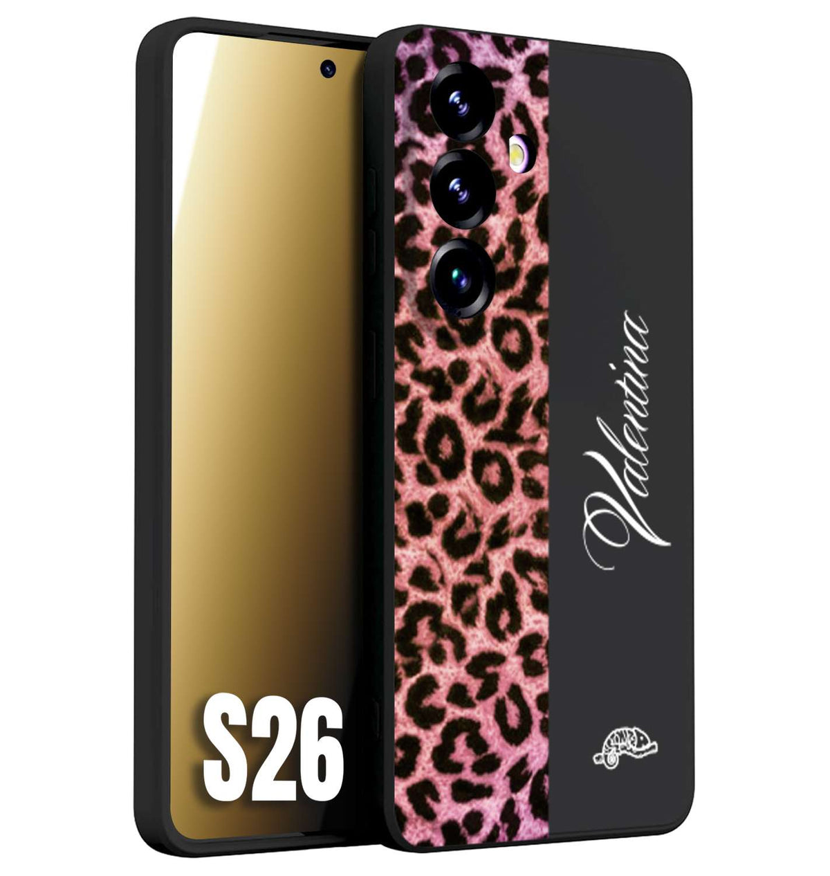 CUSTOMIZZA - Custodia cover nera morbida in tpu compatibile per Samsung S26 leopardato rosa fucsia personalizzata nome iniziali