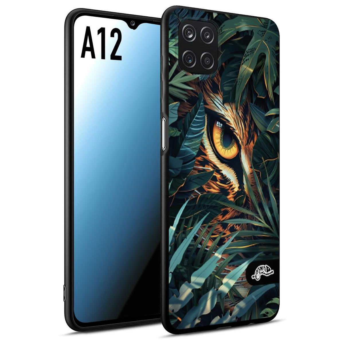 CUSTOMIZZA - Custodia cover nera morbida in tpu compatibile per Samsung A12 animali color giungla tropicale occhio di giaguaro felino disegnato
