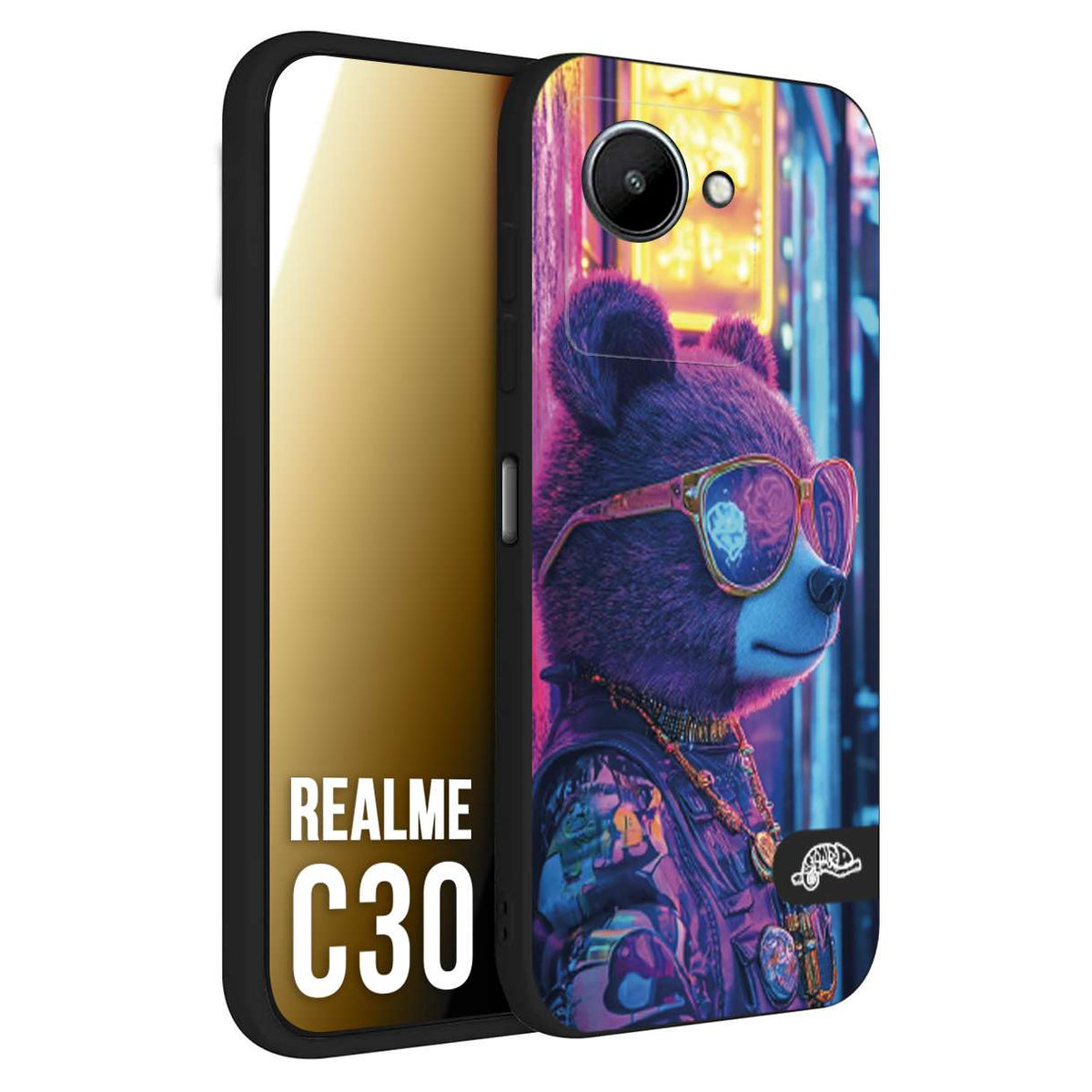CUSTOMIZZA - Custodia cover nera morbida in tpu compatibile per Realme C30 animali cyberpunk orsetto orso street bear fucsia blu night