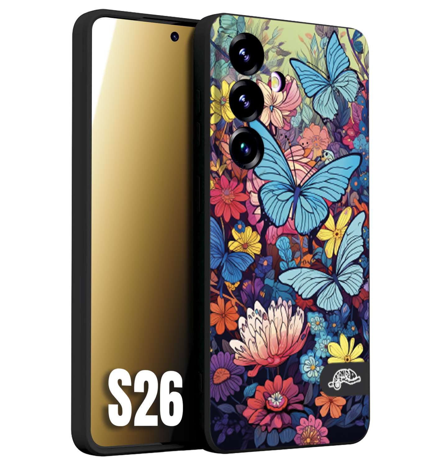 CUSTOMIZZA - Custodia cover nera morbida in tpu compatibile per Samsung S26 farfalle butterfly moderno donna disegnate gialla blu rosa