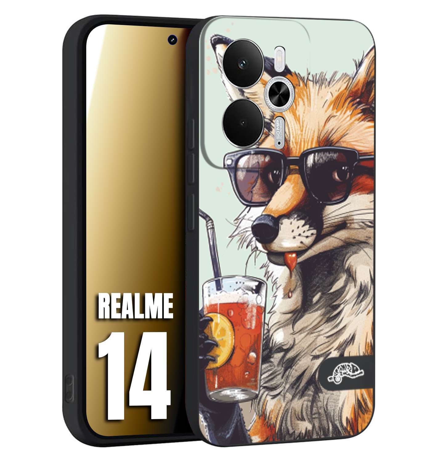 CUSTOMIZZA - Custodia cover nera morbida in tpu compatibile per Realme 14 5G estate disegnata cocktails animali simpatici fox volpe negroni