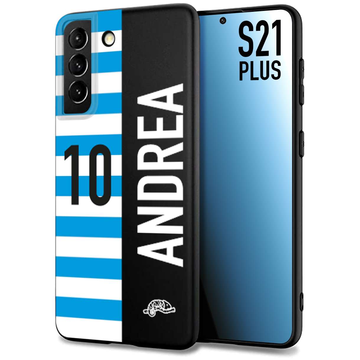 CUSTOMIZZA - Custodia cover nera morbida in tpu compatibile per Samsung S21 PLUS personalizzata calcio football nome e numero calciatori biancazzurri