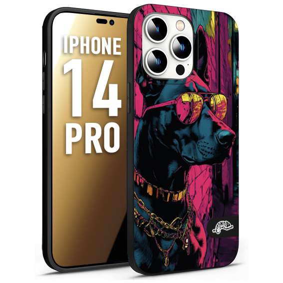 CUSTOMIZZA - Custodia cover nera morbida in tpu compatibile per iPhone 14 PRO animali cyberpunk dobermann cane street dog fucsia blu