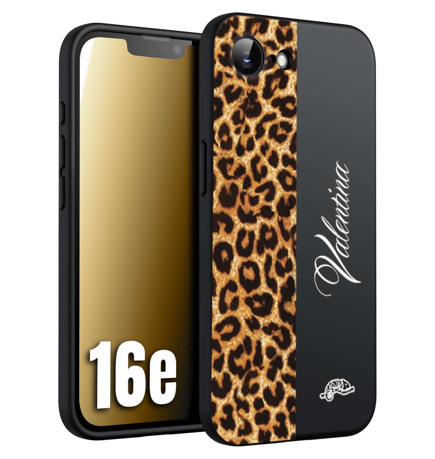 CUSTOMIZZA - Custodia cover nera morbida in tpu compatibile per iPhone 16E custom nome scritta leopardato maculato donna marrone leopard