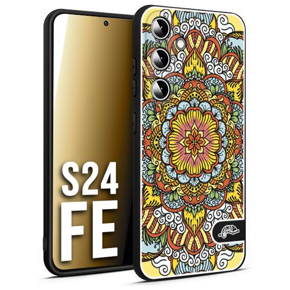 CUSTOMIZZA - Custodia cover nera morbida in tpu compatibile per Samsung S24 FE mandala colorato fiore nuvole arancione