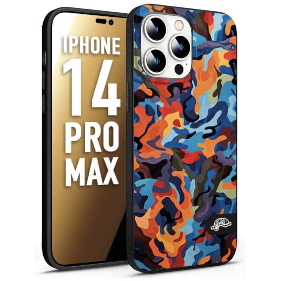 CUSTOMIZZA - Custodia cover nera morbida in tpu compatibile per iPhone 14 PRO MAX camouflage mimetico militare moderno blu arancio rosso