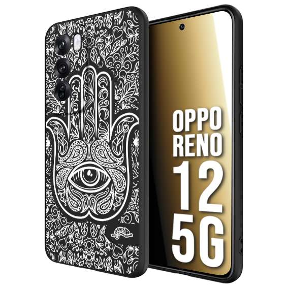 CUSTOMIZZA - Custodia cover nera morbida in tpu compatibile per Oppo Reno 12 5G mano di fatima effetto rilievo mandala donna