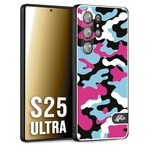 CUSTOMIZZA - Custodia cover nera morbida in tpu compatibile per Samsung S25 ULTRA camouflage mimetico militare fucsia celeste