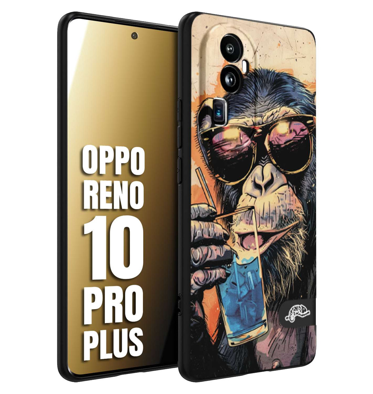 CUSTOMIZZA - Custodia cover nera morbida in tpu compatibile per Oppo Reno 10 PRO PLUS estate disegnata cocktails animali simpatici scimmia monkey negroni