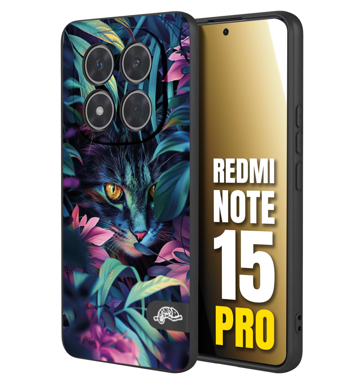 CUSTOMIZZA - Custodia cover nera morbida in tpu compatibile per Xiaomi Redmi Note 15 PRO animali color giungla tropicale occhio di gatto colori vibranti disegnato