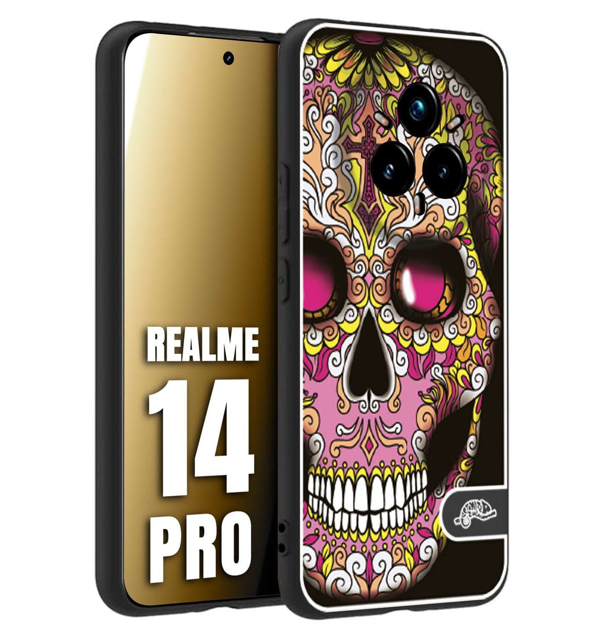 CUSTOMIZZA - Custodia cover nera morbida in tpu compatibile per Realme 14 PRO teschio messicano Mexican skull rosa gialla