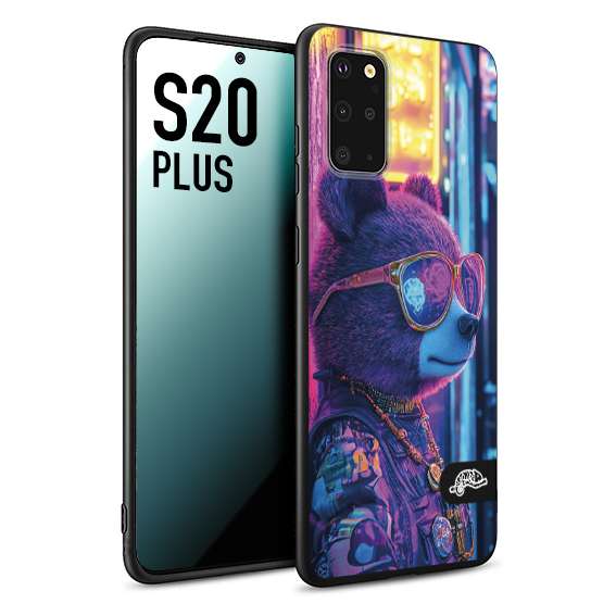 CUSTOMIZZA - Custodia cover nera morbida in tpu compatibile per Samsung S20 PLUS animali cyberpunk orsetto orso street bear fucsia blu night