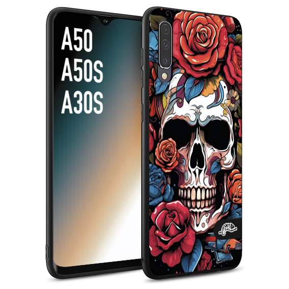 CUSTOMIZZA - Custodia cover nera morbida in tpu compatibile per Samsung A50 - A50S - A30S teschio skull flowers fiori rose rosse tattoo disegnato