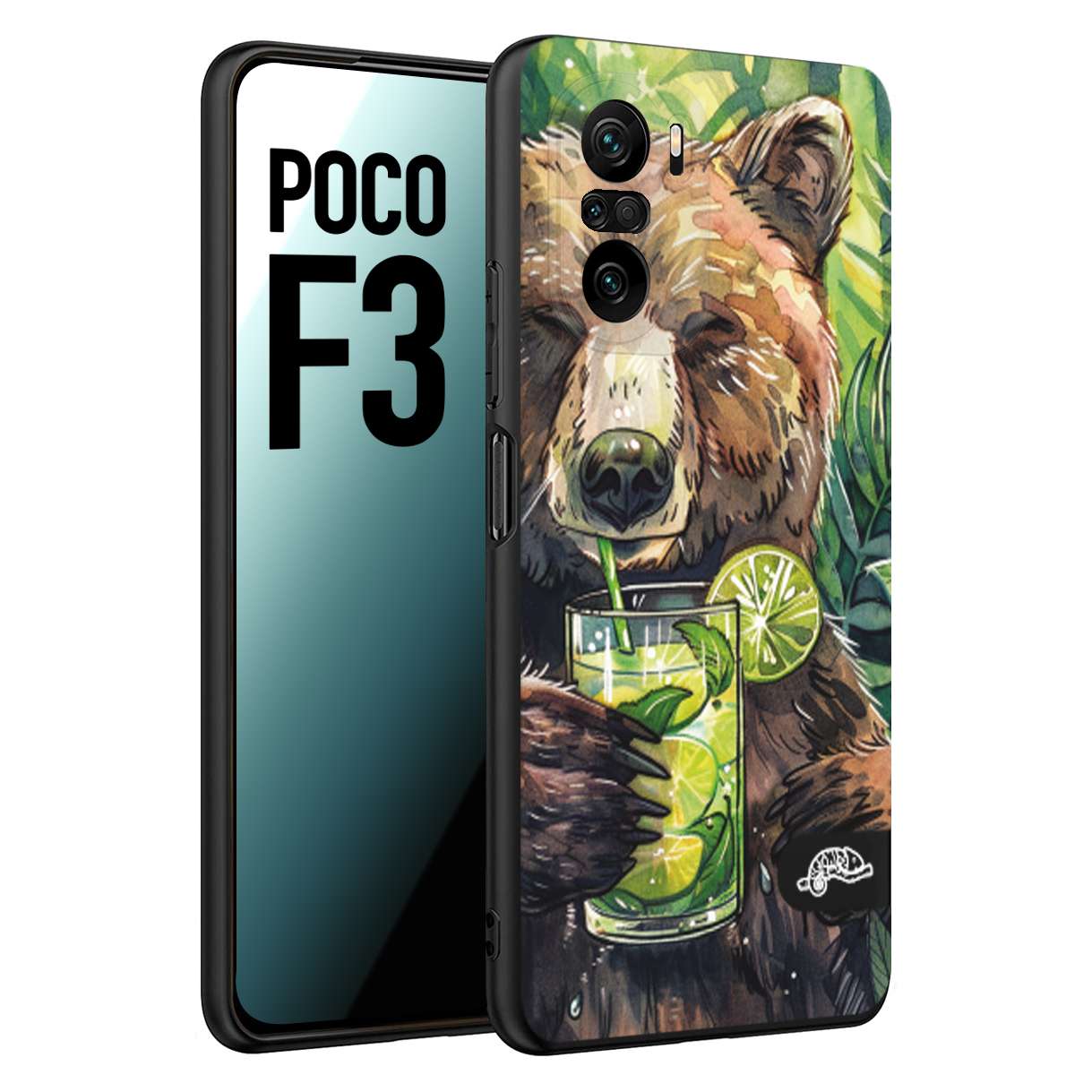 CUSTOMIZZA - Custodia cover nera morbida in tpu compatibile per Xiaomi Poco F3 estate disegnata cocktails animali simpatici orso bear negroni