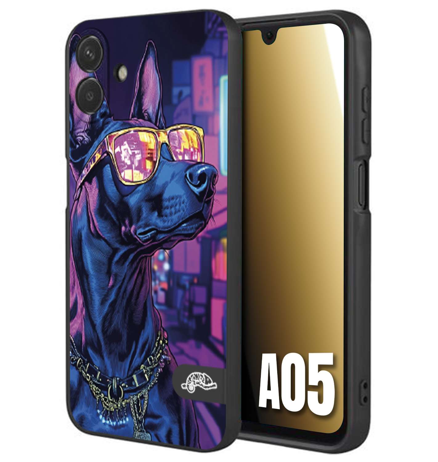 CUSTOMIZZA - Custodia cover nera morbida in tpu compatibile per Samsung A05 animali cyberpunk dobermann cane street dog fucsia blu night
