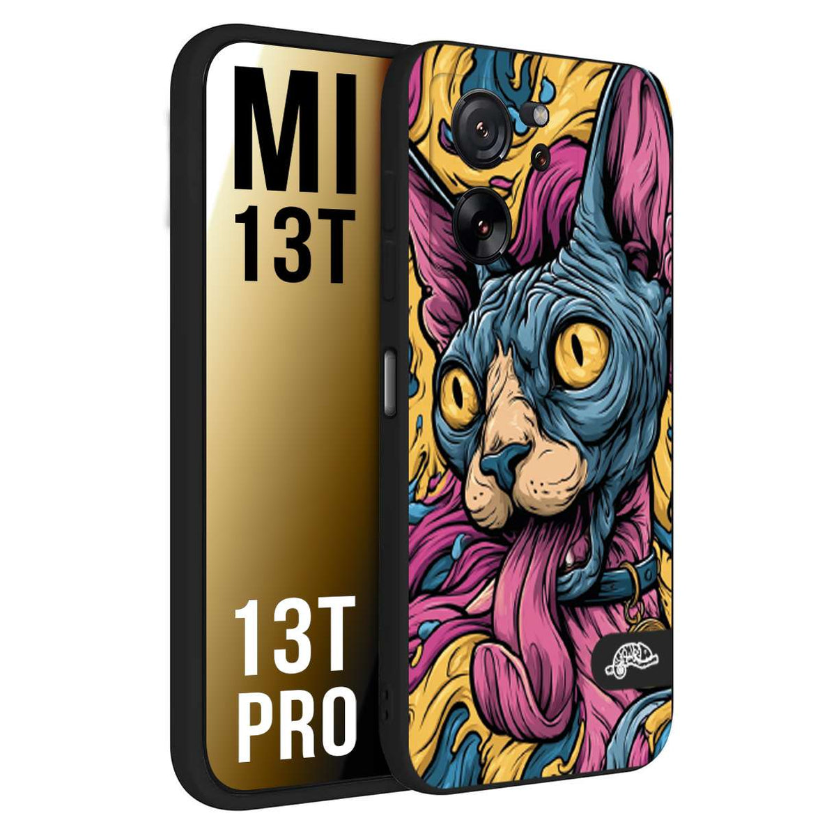 CUSTOMIZZA - Custodia cover nera morbida in tpu compatibile per Xiaomi 13T - 13T PRO Sphynx Colorato Pop Art Psichedelico Gatto Blu Rosa Giallo Artistica Fantasy
