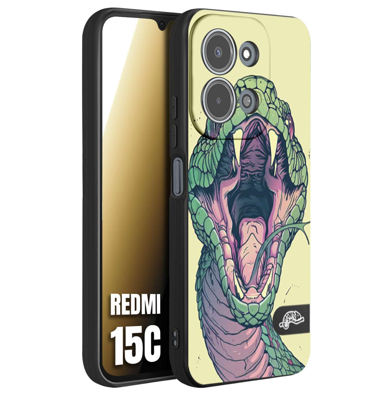 CUSTOMIZZA - Custodia cover nera morbida in tpu compatibile per Xiaomi Redmi 15C snake yellow green serpente tatuaggio tattoo disegnato a mano