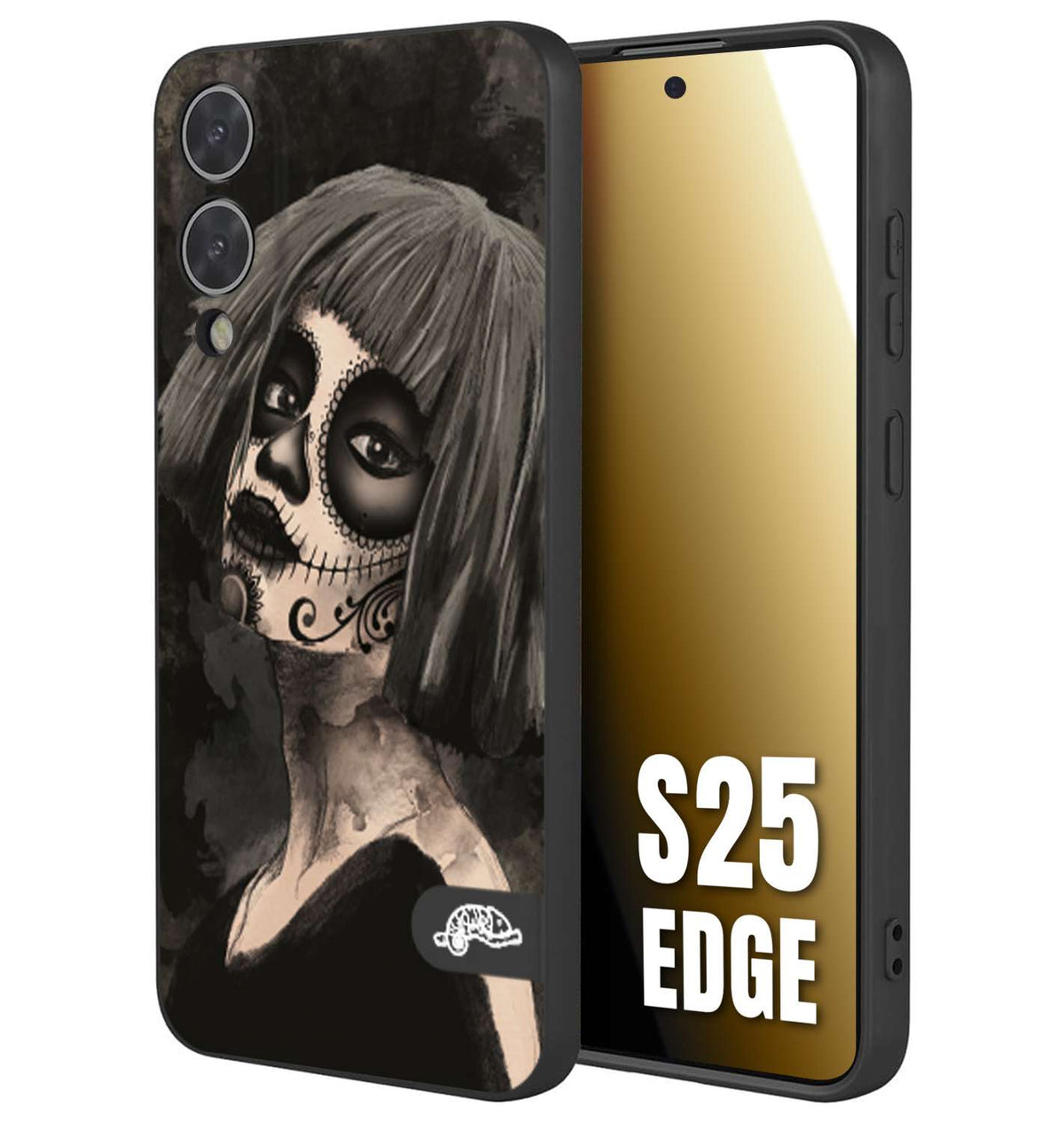 CUSTOMIZZA - Custodia cover nera morbida in tpu compatibile per Samsung S25 EDGE chicana messicana dea de la muerte donna santa tattoo disegnata