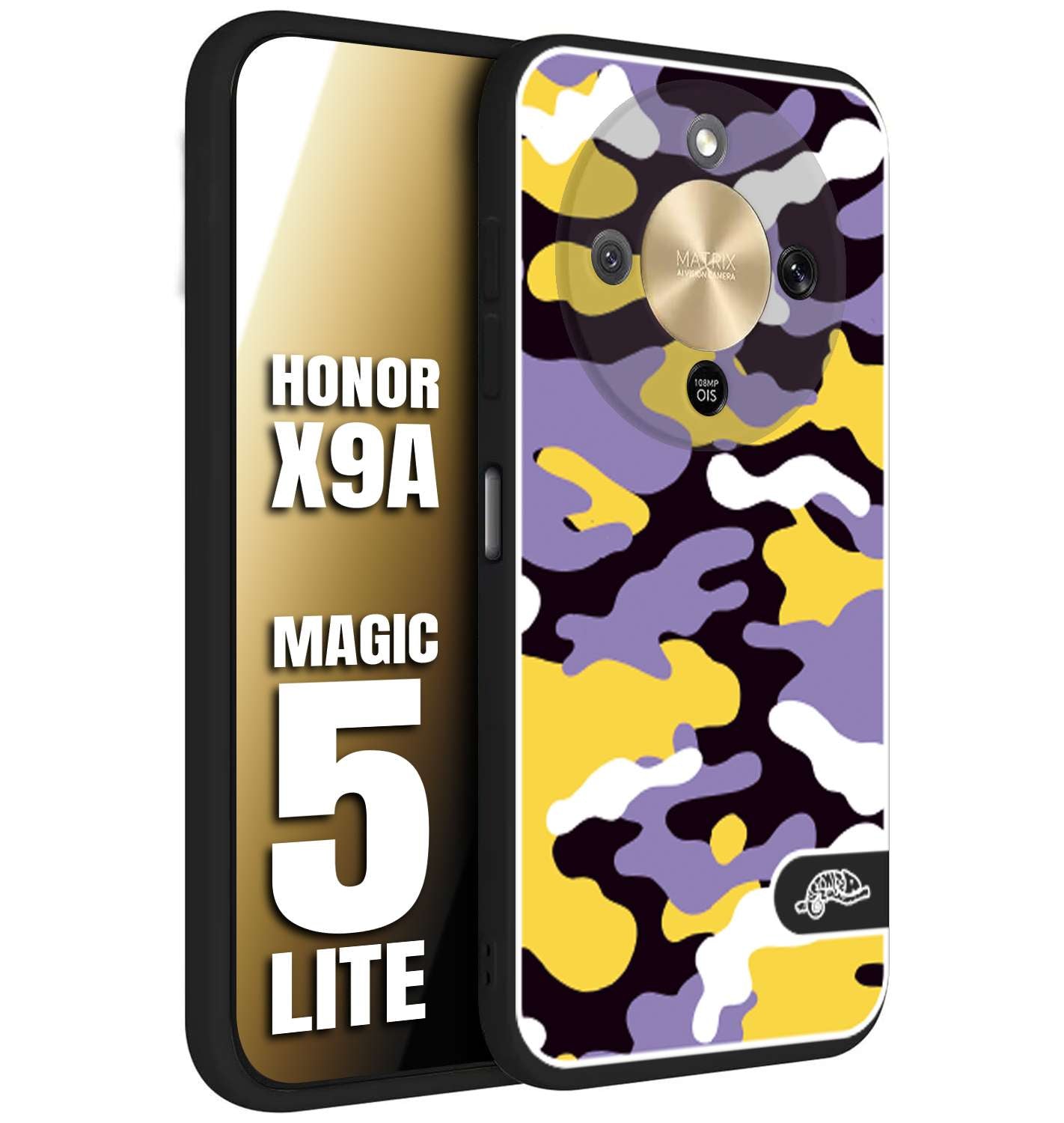 CUSTOMIZZA - Custodia cover nera morbida in tpu compatibile per Honor X9A - Honor Magic 5 Lite camouflage mimetico militare viola lilla giallo