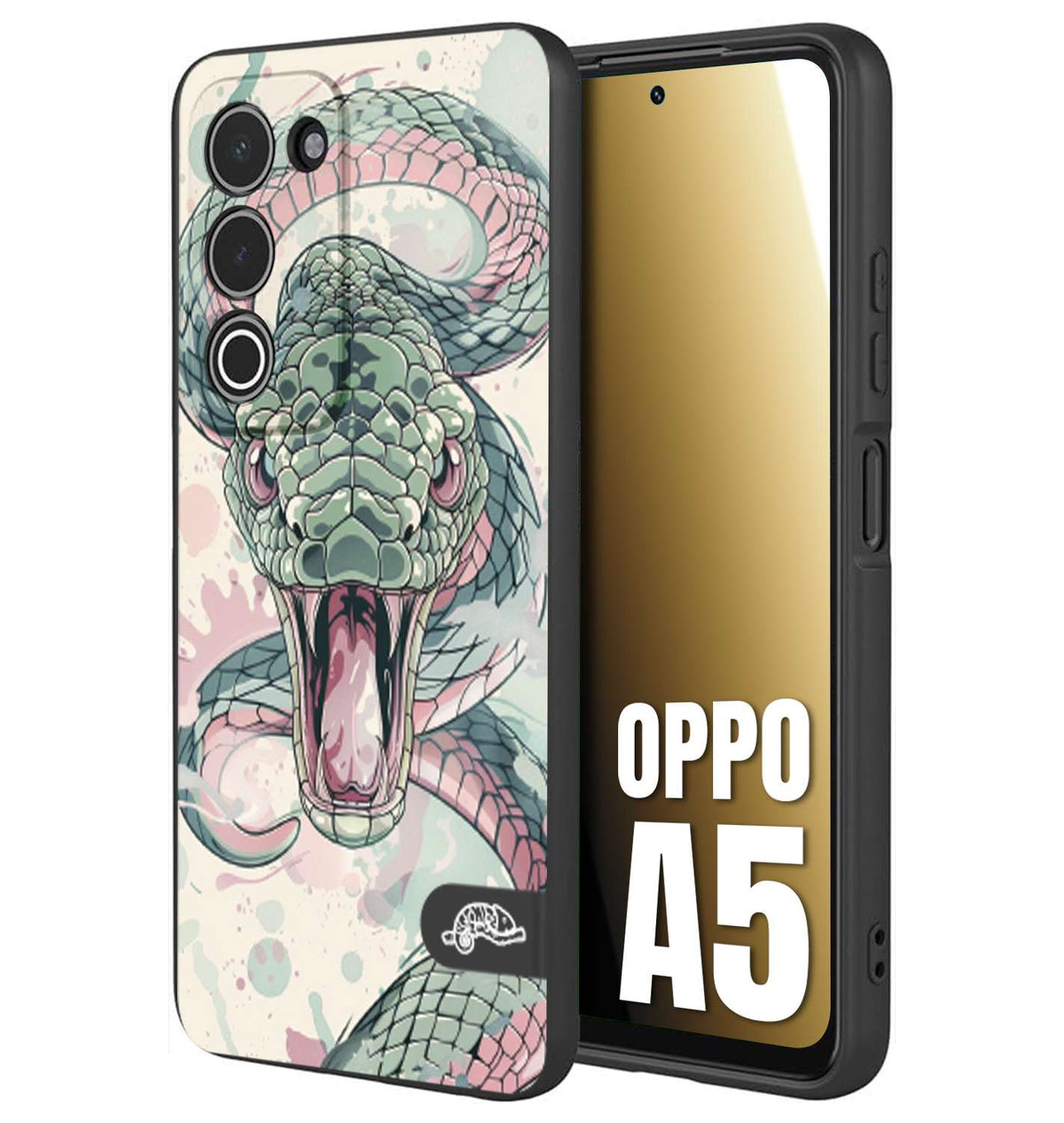 CUSTOMIZZA - Custodia cover nera morbida in tpu compatibile per Oppo A5 snake pink green serpente tatuaggio tattoo disegnato a mano