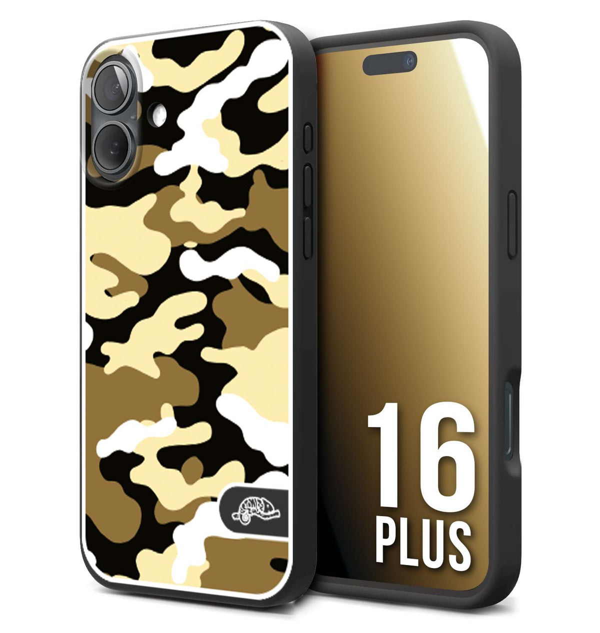 CUSTOMIZZA - Custodia cover nera morbida in tpu compatibile per iPhone 16 PLUS camouflage mimetico militare giallo desert brown