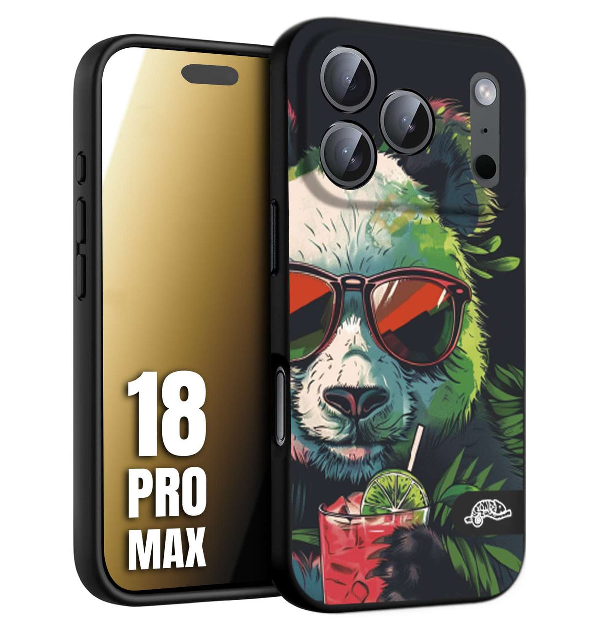 CUSTOMIZZA - Custodia cover nera morbida in tpu compatibile per iPhone 18 PRO MAX estate disegnata cocktails animali simpatici panda mojito