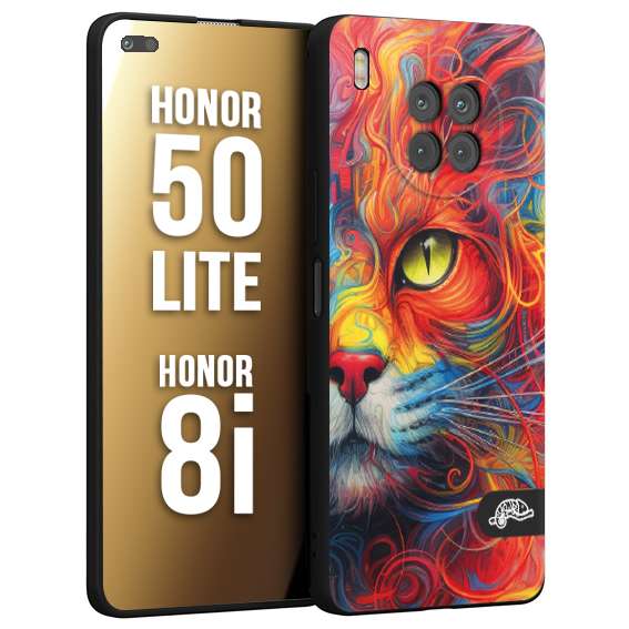 CUSTOMIZZA - Custodia cover nera morbida in tpu compatibile per Honor 8i - Honor 50 LITE animali color cat gatto viso colori vibranti disegnato schizzo