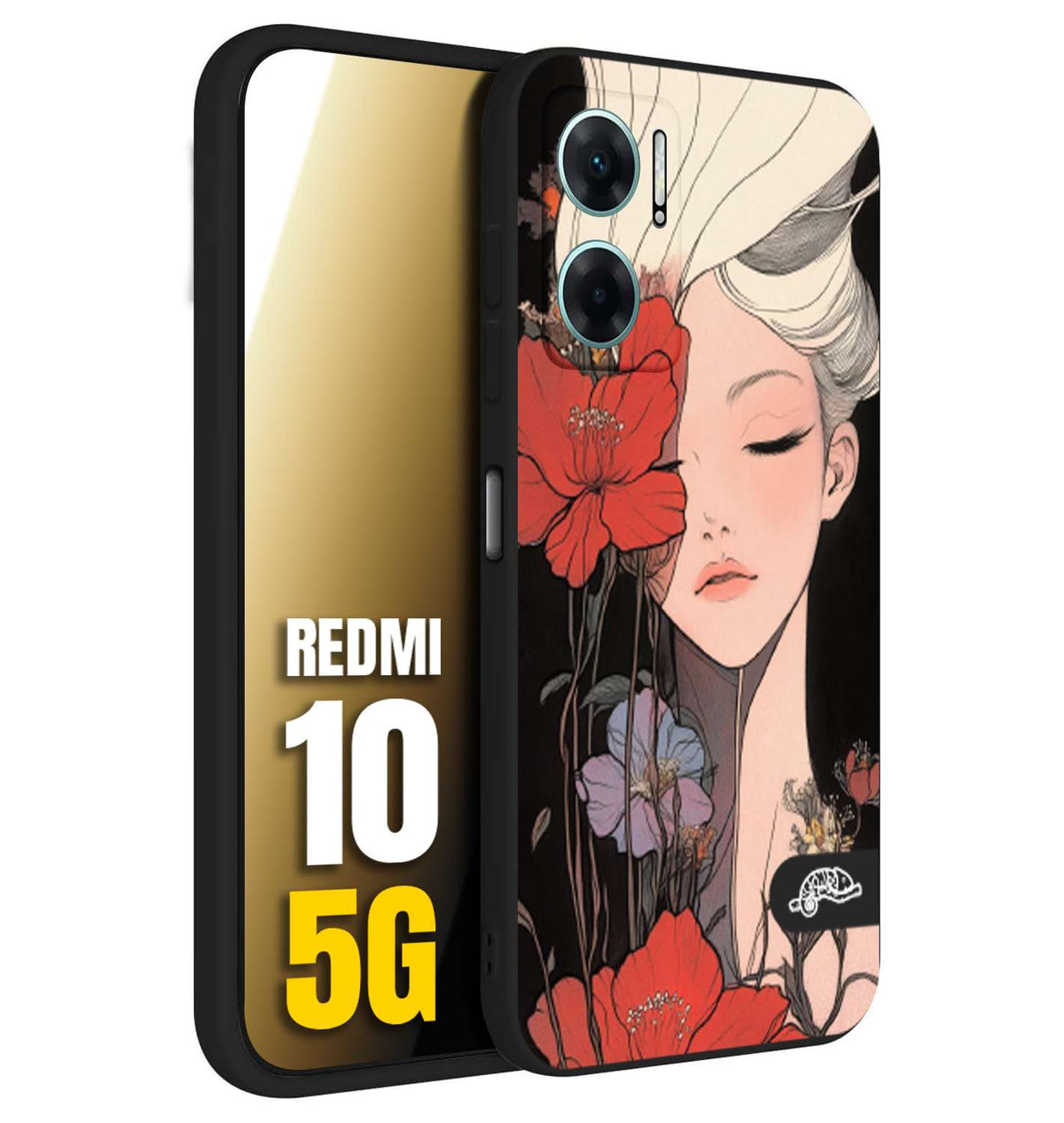 CUSTOMIZZA - Custodia cover nera morbida in tpu compatibile per Xiaomi Redmi 10 5G woman flower Fantasia Floreale Design Donna e Fiori, Retro Artistico
