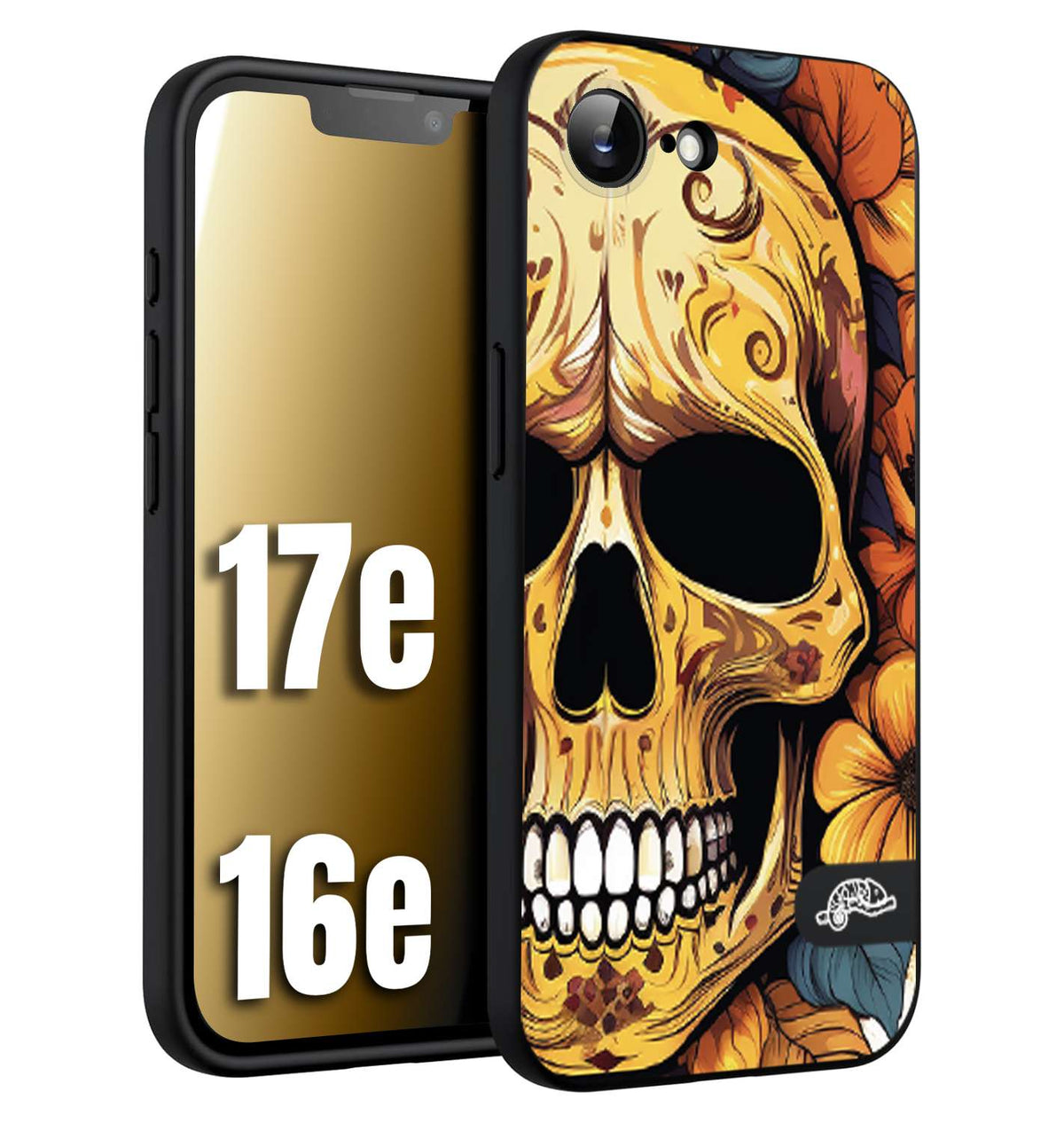 CUSTOMIZZA - Custodia cover nera morbida in tpu compatibile per iPhone 16E - 17E teschio messicano colorato dorato fiori autunnali disegnato