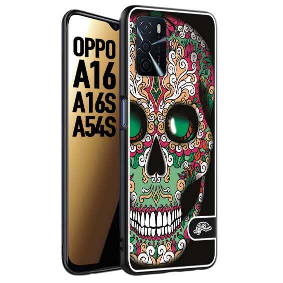 CUSTOMIZZA - Custodia cover nera morbida in tpu compatibile per Oppo A16 - A16S - A54S teschio messicano Mexican skull verde fucsia