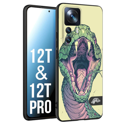CUSTOMIZZA - Custodia cover nera morbida in tpu compatibile per Xiaomi 12T - 12T PRO snake yellow green serpente tatuaggio tattoo disegnato a mano