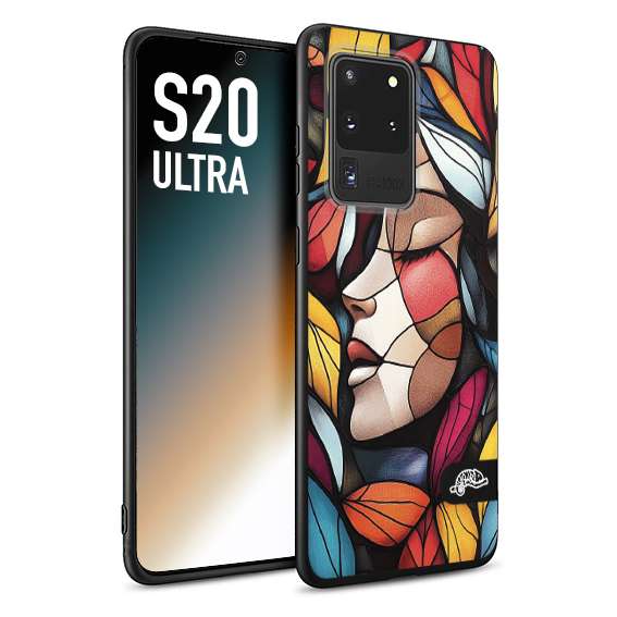 CUSTOMIZZA - Custodia cover nera morbida in tpu compatibile per Samsung S20 ULTRA Vetrata artistica volto di donna profilo fogliare mosaico di vetro colorato