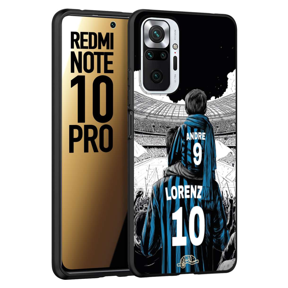 CUSTOMIZZA - Custodia cover nera morbida in tpu compatibile per Xiaomi Redmi Note 10 PRO personalizzata calcio football padre e figlio calciatori nerazzurra