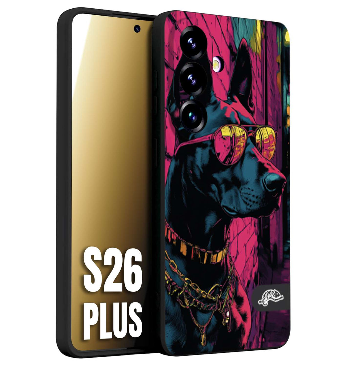 CUSTOMIZZA - Custodia cover nera morbida in tpu compatibile per Samsung S26 PLUS animali cyberpunk dobermann cane street dog fucsia blu