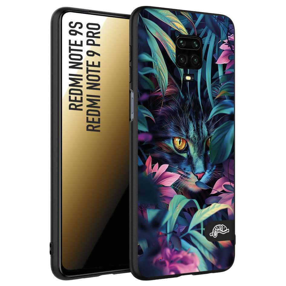CUSTOMIZZA - Custodia cover nera morbida in tpu compatibile per Xiaomi Redmi Note 9S - Note 9 PRO animali color giungla tropicale occhio di gatto colori vibranti disegnato