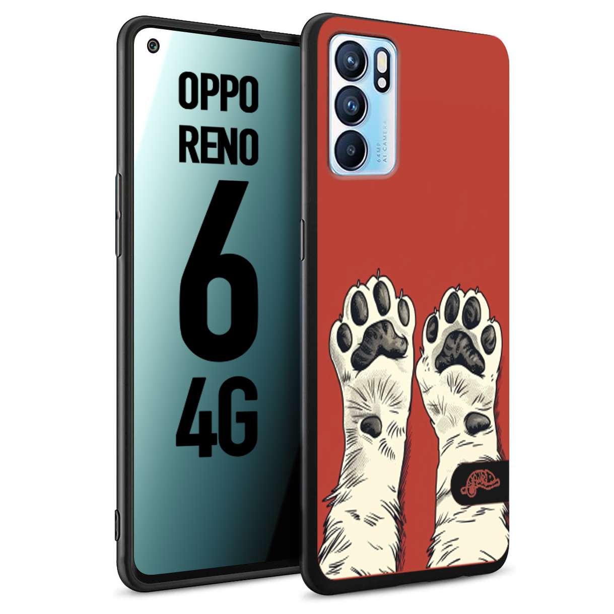 CUSTOMIZZA - Custodia cover nera morbida in tpu compatibile per Oppo Reno 6 4G zampe di gatto cat paws rossa red disegnata fumetto cartoon