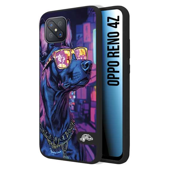 CUSTOMIZZA - Custodia cover nera morbida in tpu compatibile per Oppo Reno 4Z animali cyberpunk dobermann cane street dog fucsia blu night