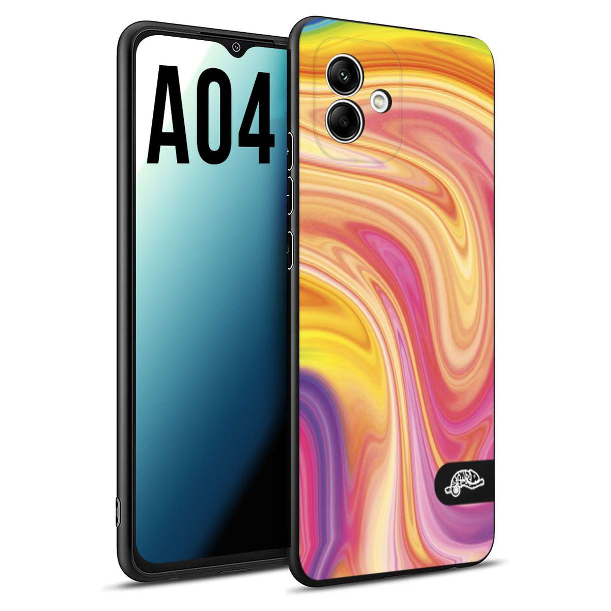 CUSTOMIZZA - Custodia cover nera morbida in tpu compatibile per Samsung A04 colorata fantasia vortice marmo onde rosa fucsia gialla