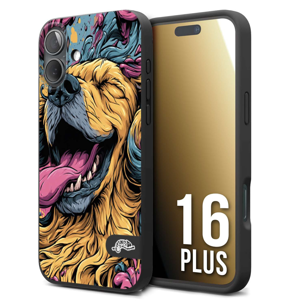 CUSTOMIZZA - Custodia cover nera morbida in tpu compatibile per iPhone 16 PLUS Golden Retriever illustrazione cane pop art cane street art cartone animato