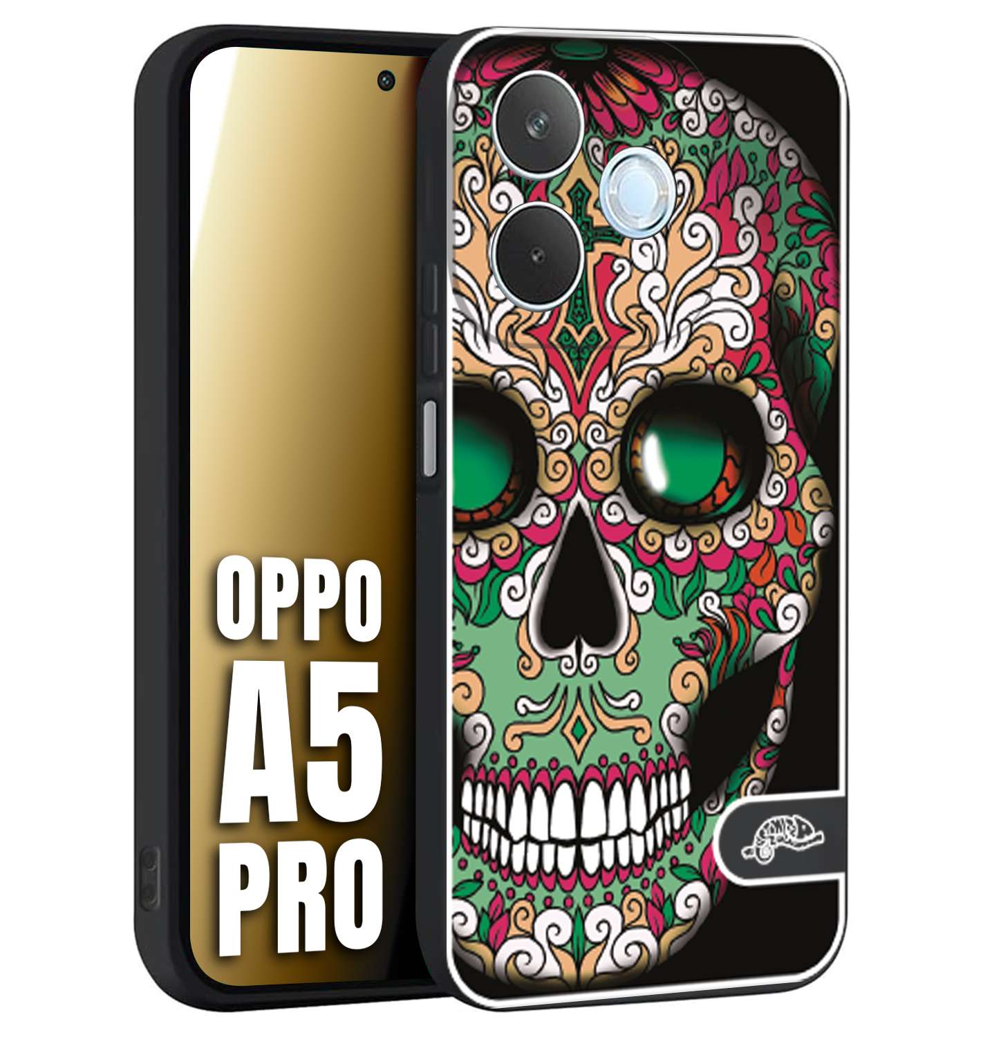 CUSTOMIZZA - Custodia cover nera morbida in tpu compatibile per Oppo A5 PRO teschio messicano Mexican skull verde fucsia