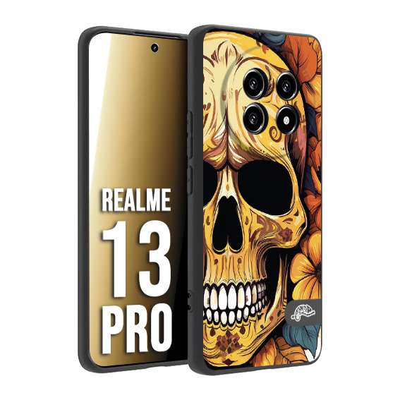 CUSTOMIZZA - Custodia cover nera morbida in tpu compatibile per Realme 13 PRO teschio messicano colorato dorato fiori autunnali disegnato