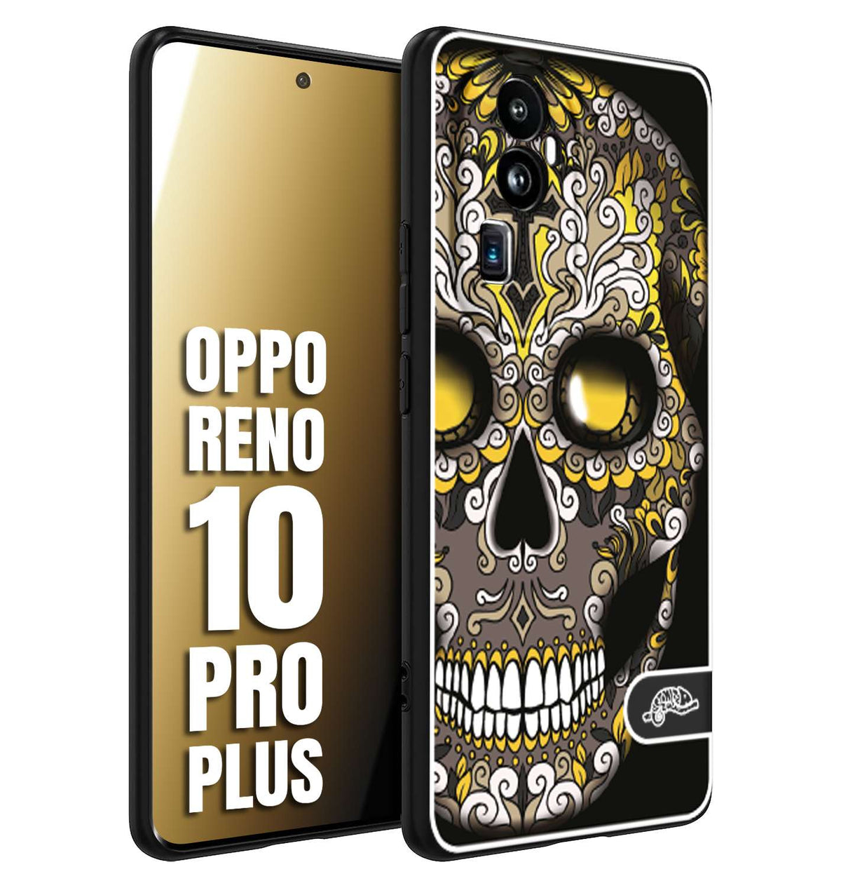 CUSTOMIZZA - Custodia cover nera morbida in tpu compatibile per Oppo Reno 10 PRO PLUS teschio messicano Mexican skull nero giallo