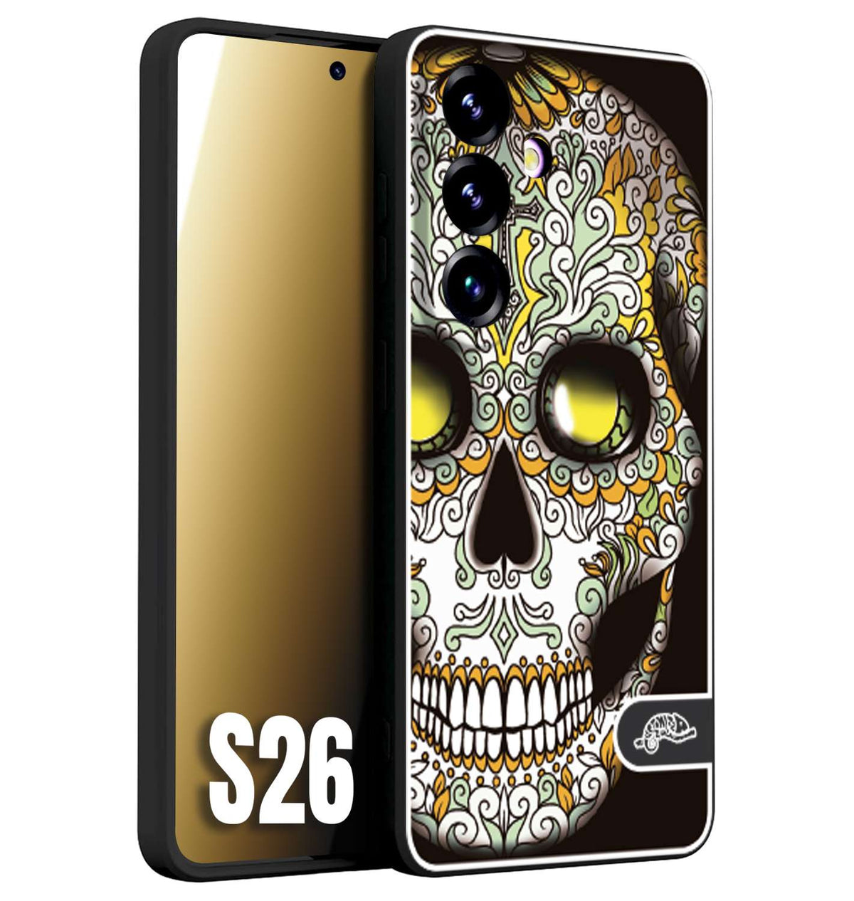 CUSTOMIZZA - Custodia cover nera morbida in tpu compatibile per Samsung S26 teschio messicano Mexican skull bianco verde giallo