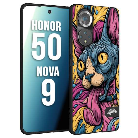 CUSTOMIZZA - Custodia cover nera morbida in tpu compatibile per Huawei Nova 9 - Honor 50 Sphynx Colorato Pop Art Psichedelico Gatto Blu Rosa Giallo Artistica Fantasy