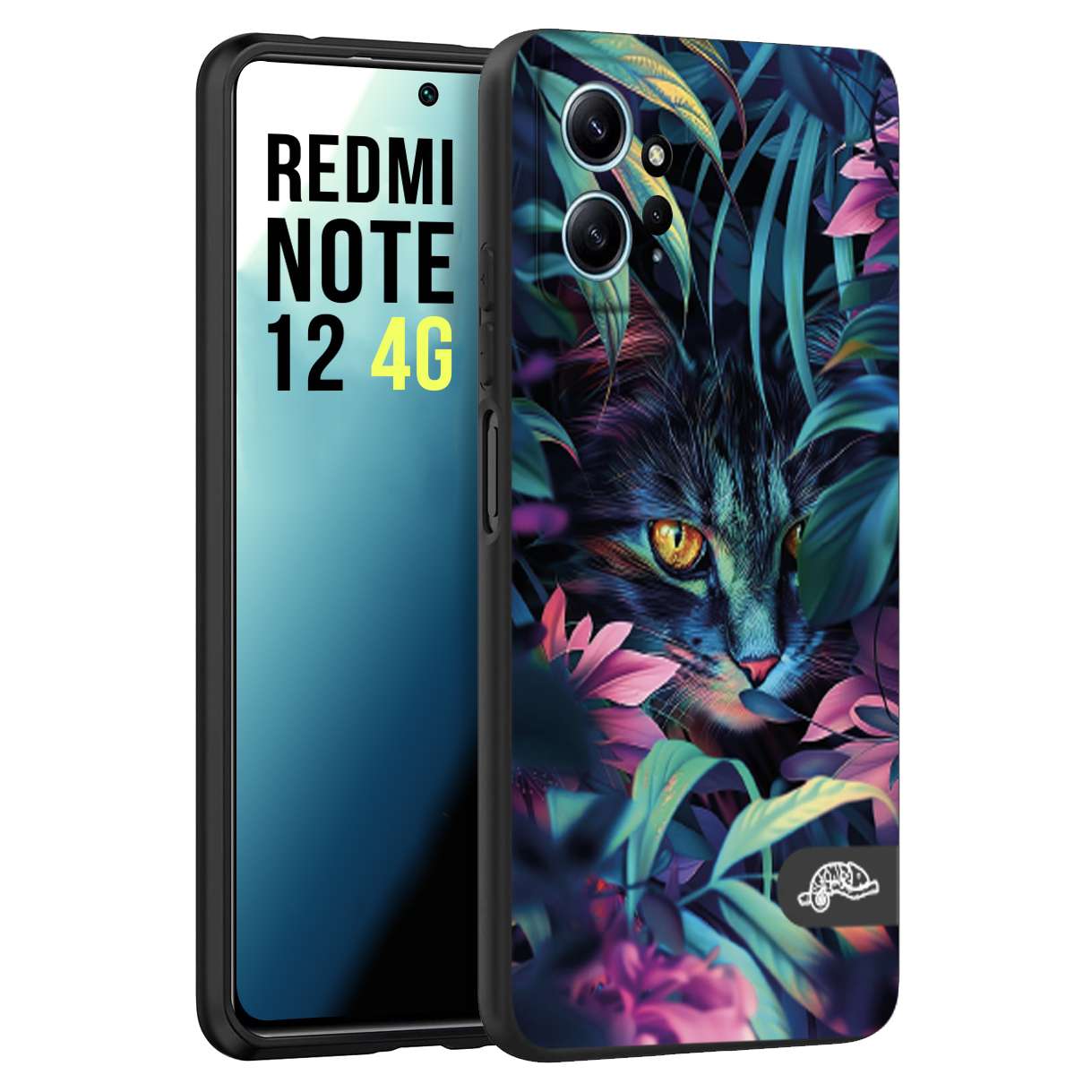 CUSTOMIZZA - Custodia cover nera morbida in tpu compatibile per Xiaomi Redmi Note 12 4G animali color giungla tropicale occhio di gatto colori vibranti disegnato