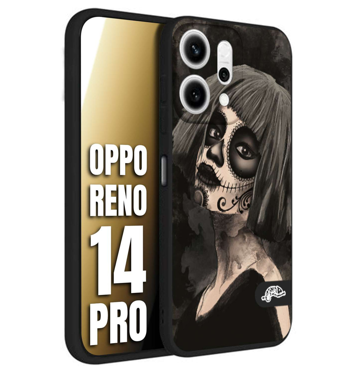 CUSTOMIZZA - Custodia cover nera morbida in tpu compatibile per Oppo Reno 14 PRO chicana messicana dea de la muerte donna santa tattoo disegnata
