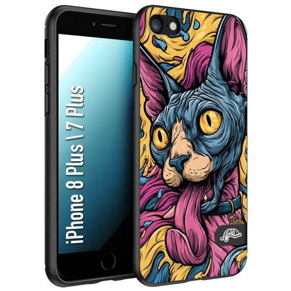 CUSTOMIZZA - Custodia cover nera morbida in tpu compatibile per iPhone 7 PLUS - 8 plus Sphynx Colorato Pop Art Psichedelico Gatto Blu Rosa Giallo Artistica Fantasy
