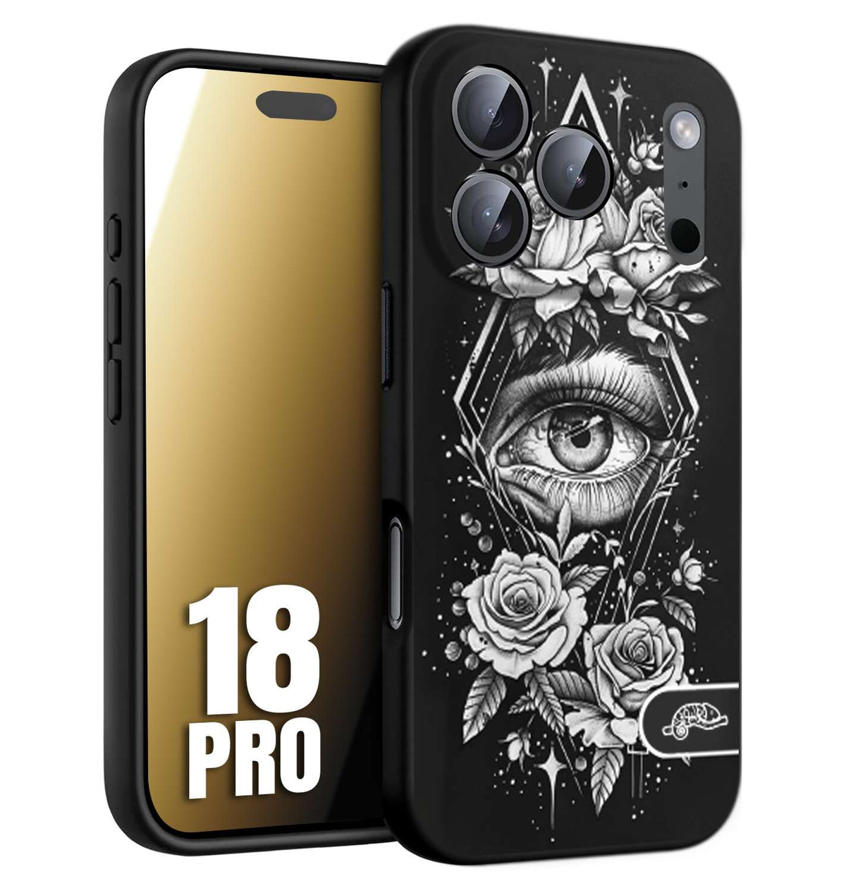 CUSTOMIZZA - Custodia cover nera morbida in tpu compatibile per iPhone 18 PRO occhio fiori rombo geometrico black and white bianco a rilievo disegnato tattoo tatuaggio