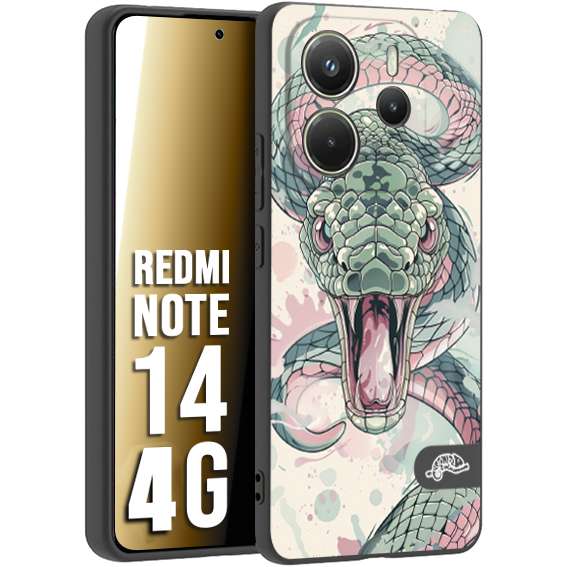 CUSTOMIZZA - Custodia cover nera morbida in tpu compatibile per Xiaomi Redmi Note 14 4G snake pink green serpente tatuaggio tattoo disegnato a mano